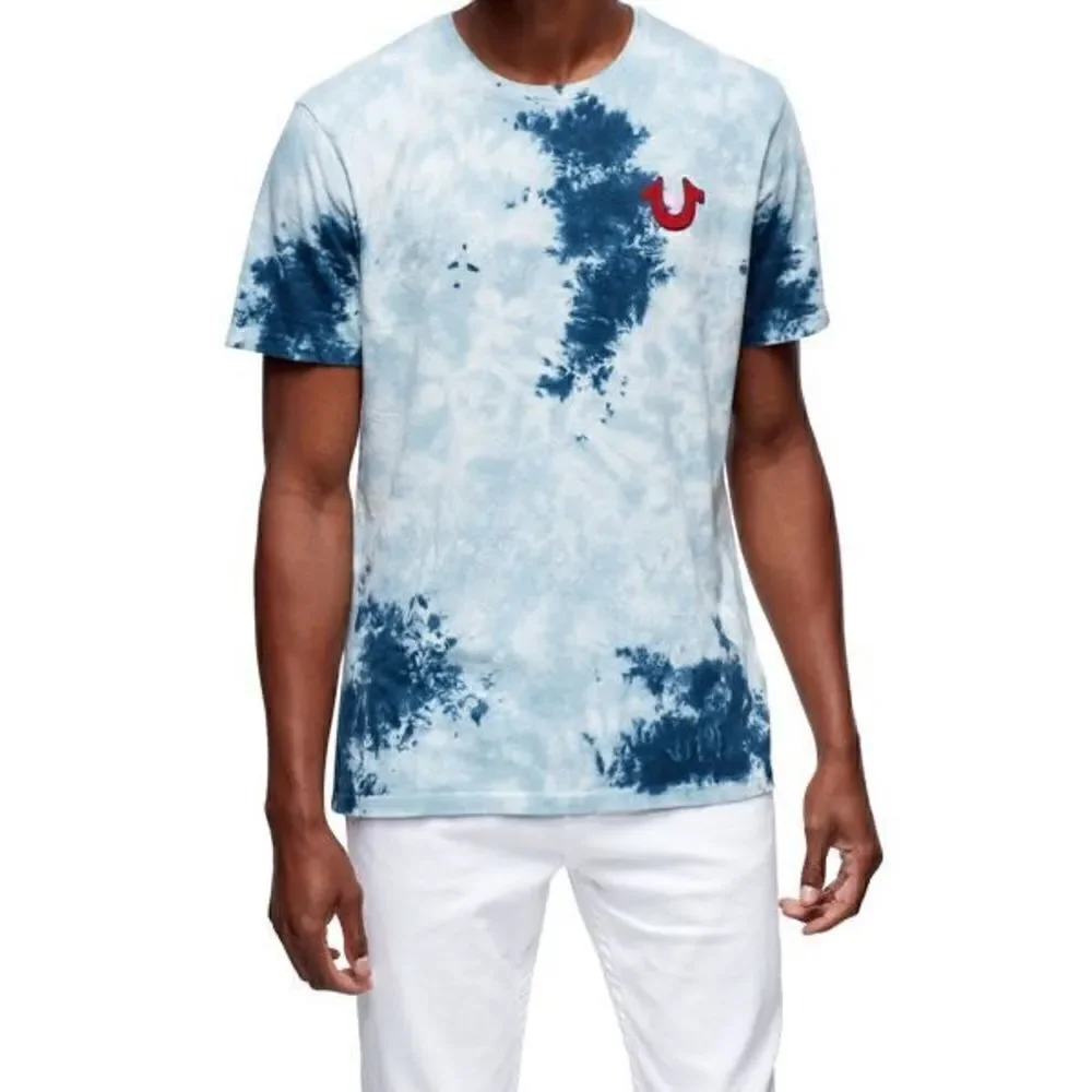 True Religion Men’s Ocean Waves Blue Tie Dye Buddha Tee Shirt Horseshoe Small
